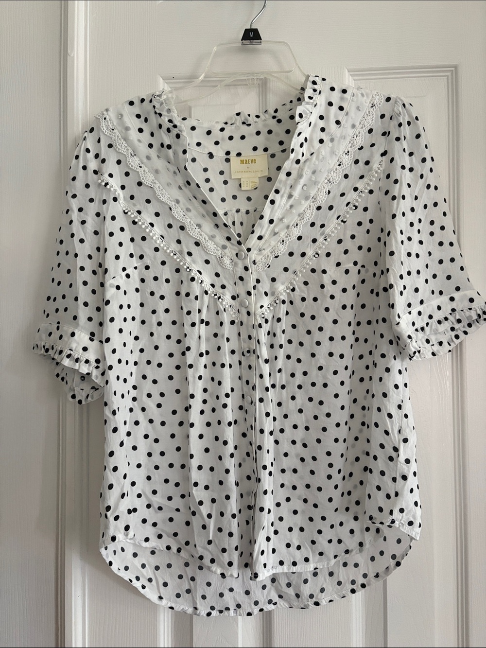 Maeve by Anthropologie White Polka Dot Short Sleeve Rayon Blouse Women’s size 10